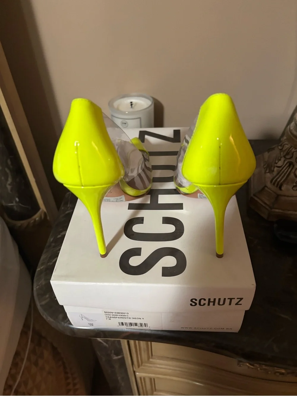 Schutz Clear Panel Neon Yellow Pointed Toe Stiletto Pumps